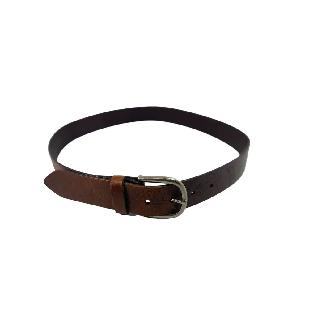 Vtg Unbranded Brown Leather Floral Tooled Western Boho Belt Small Silver Buckle